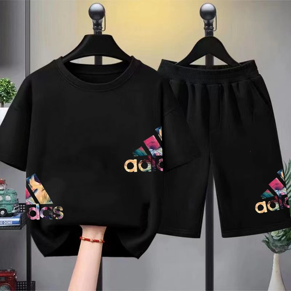 Summer Boys Girls Tee+shorts suit Children Short Sleeve T-shirts Child Loose Casual Pink Black Fashion white stamp Clothes thumbnail 2
