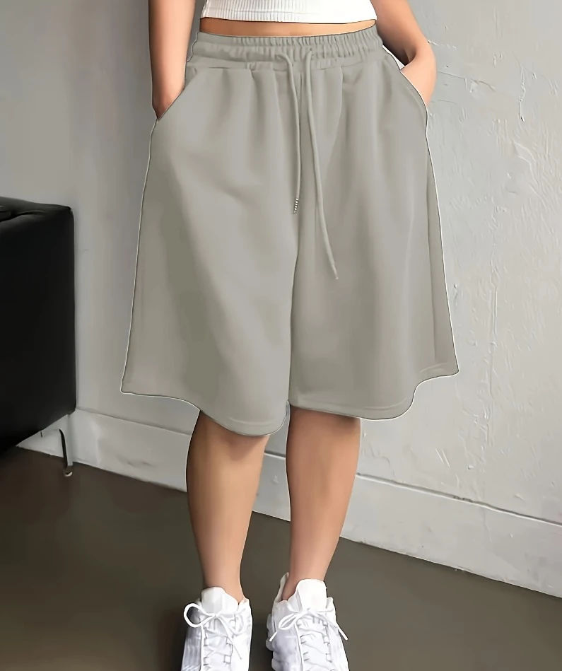 Women's Casual Style Solid Color Sweatshirt and Shorts with Drawstring Waist and Pouches for Everyday Wear  womens shorts thumbnail 6