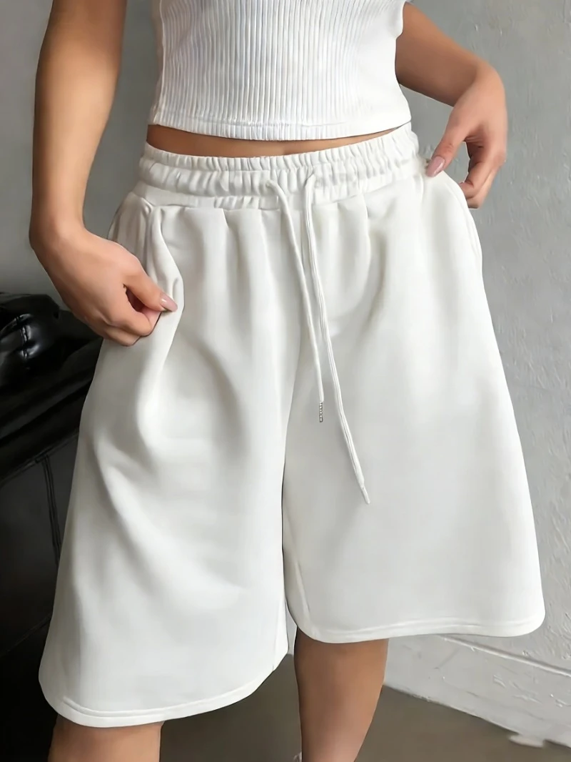 Women's Casual Style Solid Color Sweatshirt and Shorts with Drawstring Waist and Pouches for Everyday Wear  womens shorts