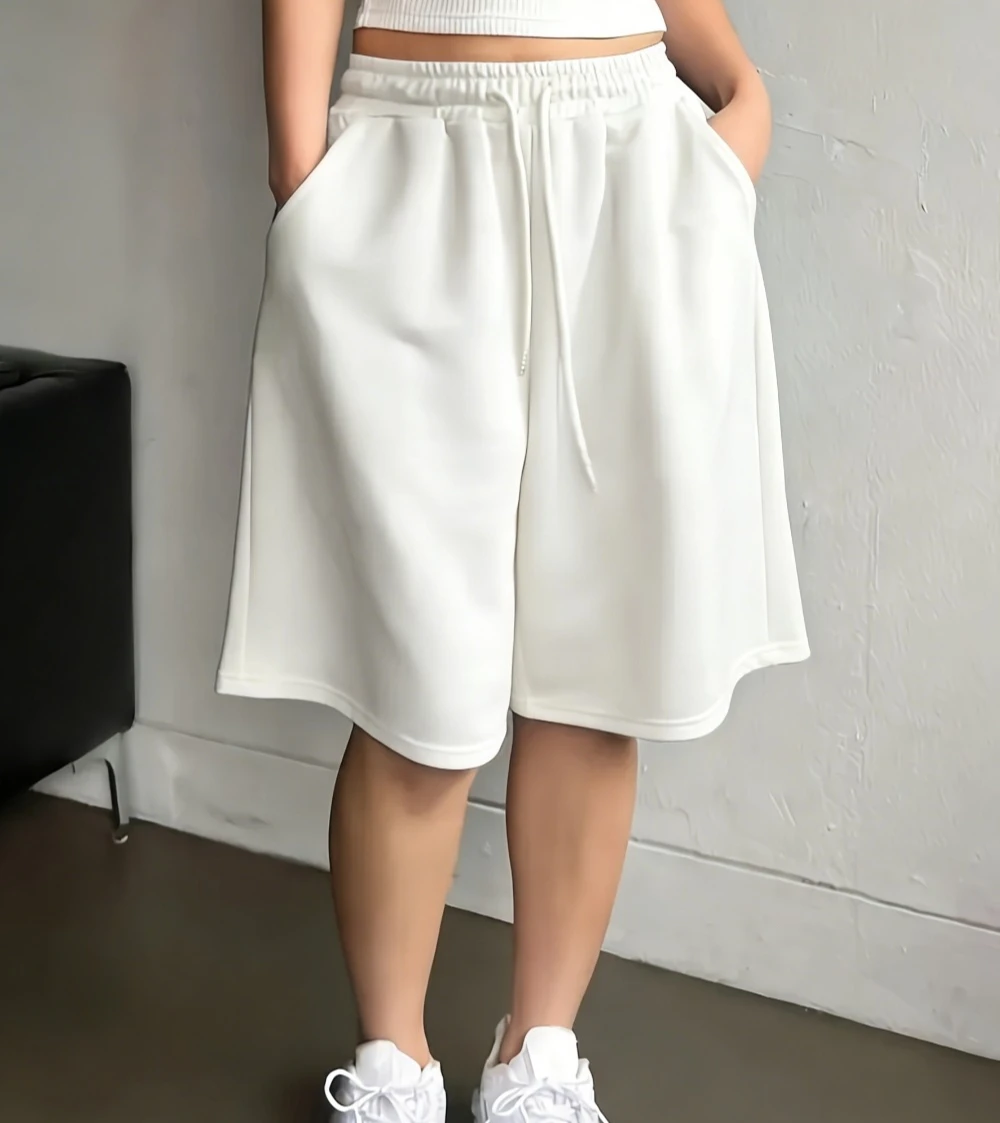 Women's Casual Style Solid Color Sweatshirt and Shorts with Drawstring Waist and Pouches for Everyday Wear  womens shorts thumbnail 2