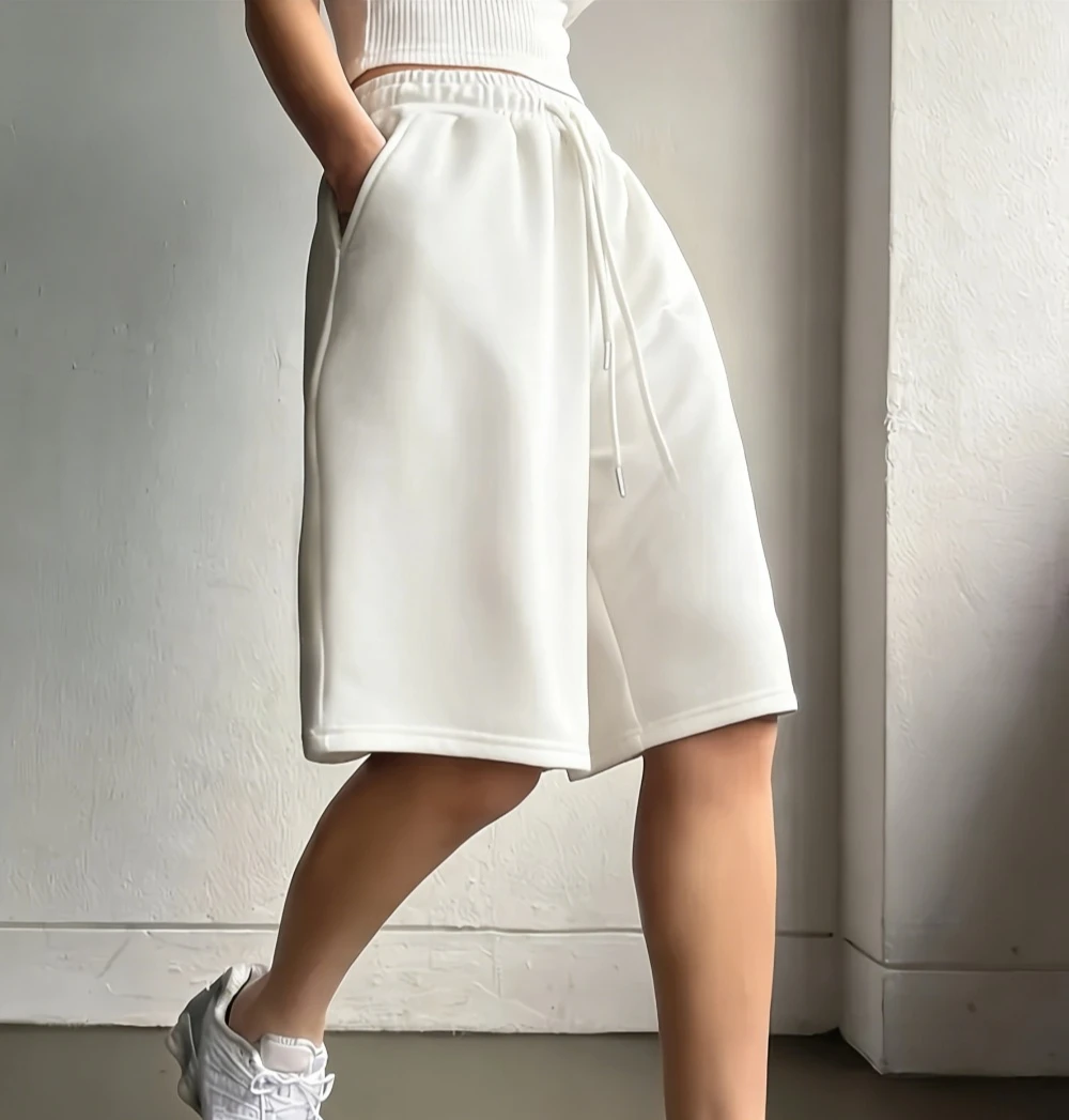 Women's Casual Style Solid Color Sweatshirt and Shorts with Drawstring Waist and Pouches for Everyday Wear  womens shorts thumbnail 3