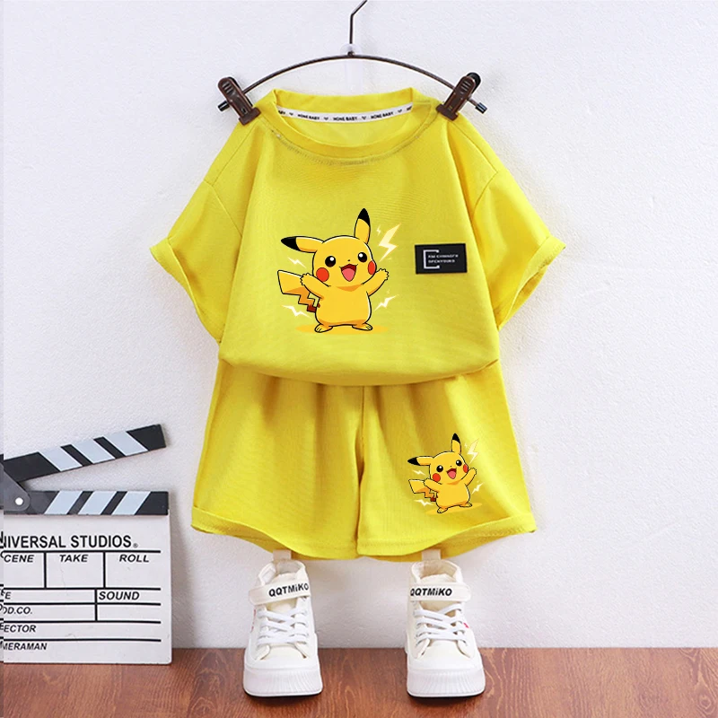 Cute Pikachu Eevee Gengar Kids Clothes Set Pokemons Jigglypuff Summer Girl Boy Tracksuit Suit T Shirt Shorts 2pcs Child Outfit thumbnail 2