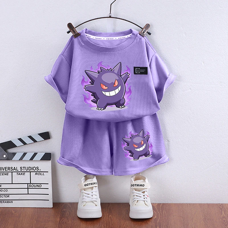 Cute Pikachu Eevee Gengar Kids Clothes Set Pokemons Jigglypuff Summer Girl Boy Tracksuit Suit T Shirt Shorts 2pcs Child Outfit thumbnail 3