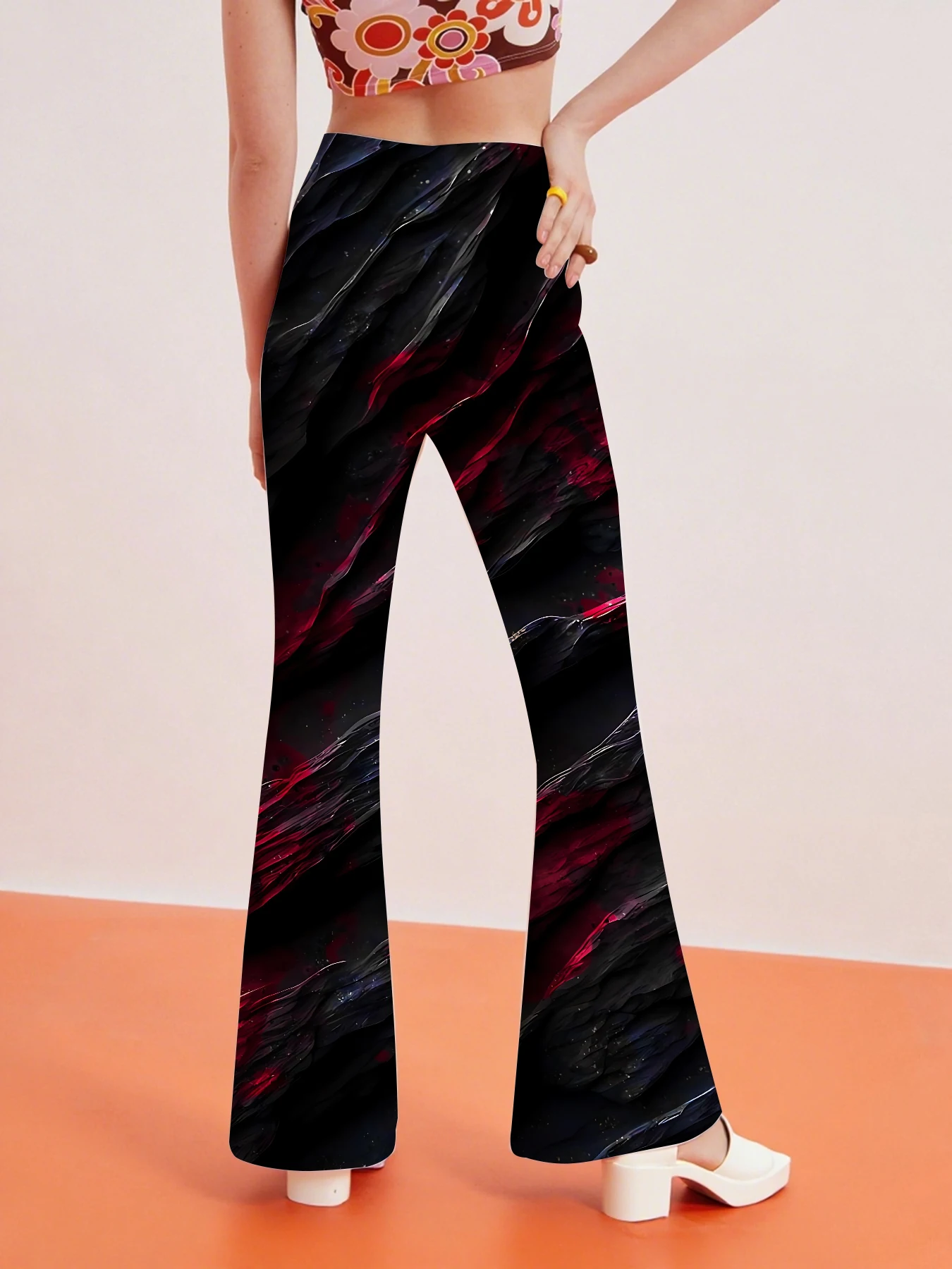 Korean Style Printed Flare Pants Women High Waist Slim Fit Bell Bottom Leggings thumbnail 3