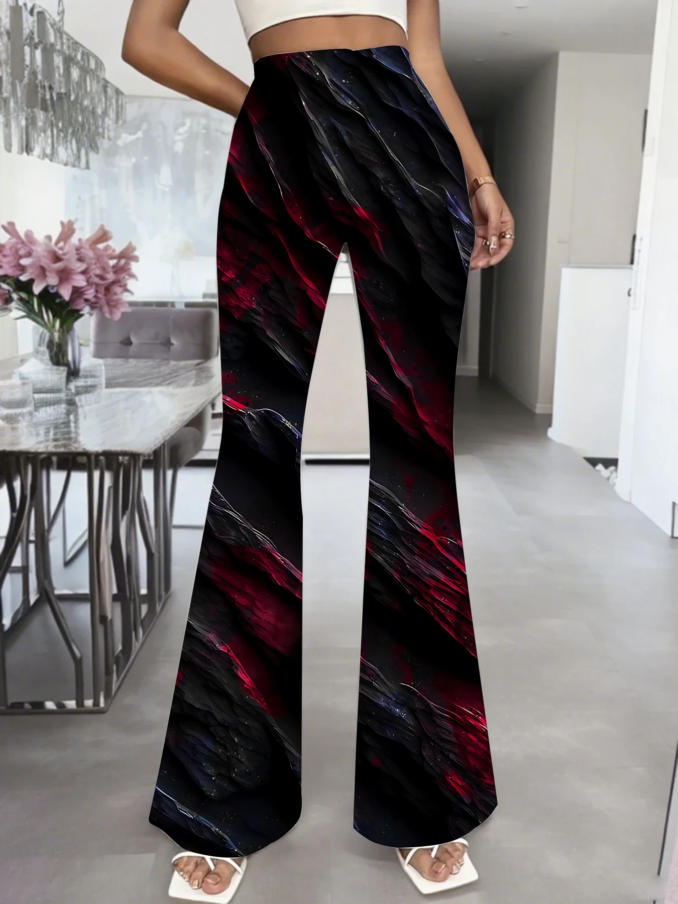 Korean Style Printed Flare Pants Women High Waist Slim Fit Bell Bottom Leggings thumbnail 4