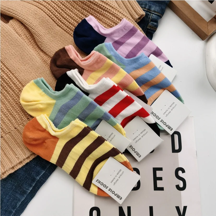 Vintage Striped Socks, Soft Cotton Anti-slip Low Cut Socks, Harajuku Style Casual No Show Socks, Breathable Colorful Ankle Socks