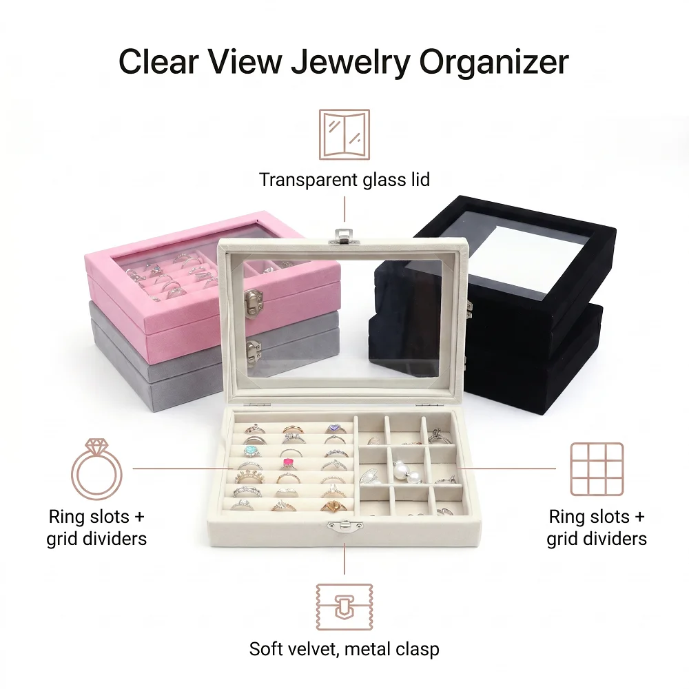 Velvet Jewelry Box Organizer Ring Earrings Display Case Soft Flannel Jewelry Storage Box for Home Travel Jewelry Storage thumbnail 2