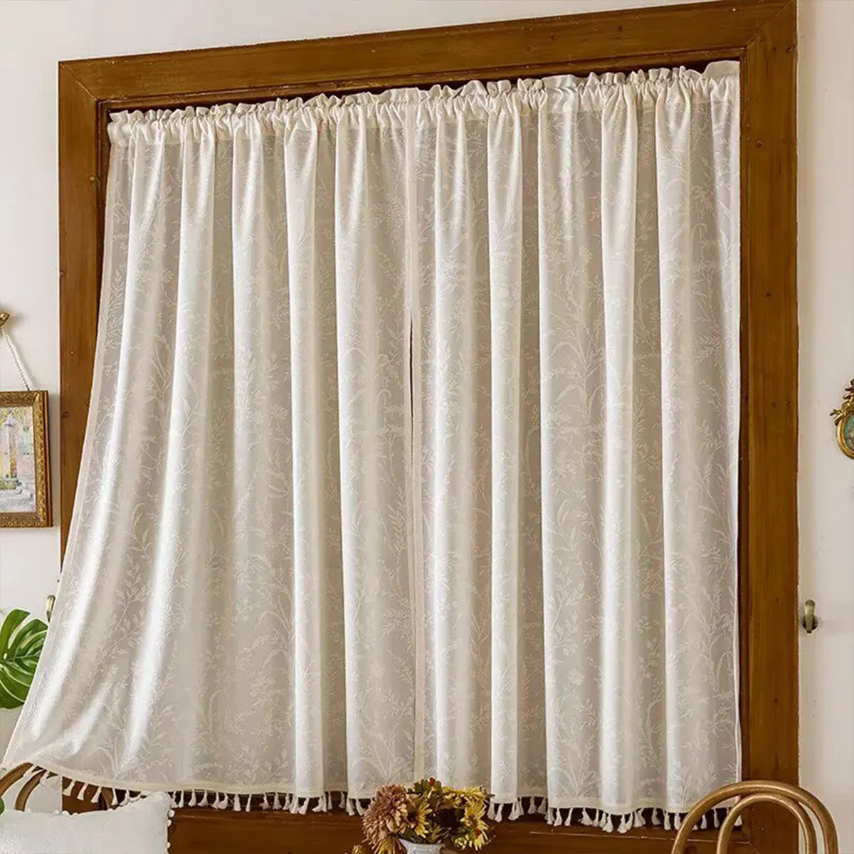 1pcs Cream White Floral Jacquard Sheer Curtain with Tassel Trim, Semi-Transparent Window Curtain for Kitchen & Small Windows