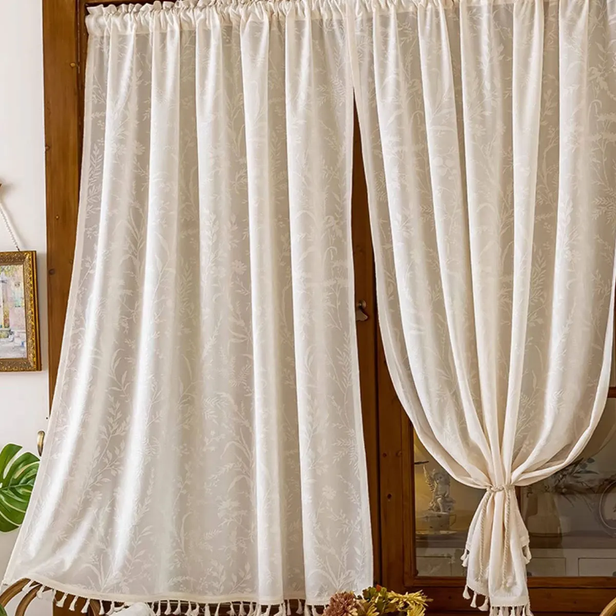 1pcs Cream White Floral Jacquard Sheer Curtain with Tassel Trim, Semi-Transparent Window Curtain for Kitchen & Small Windows thumbnail 4
