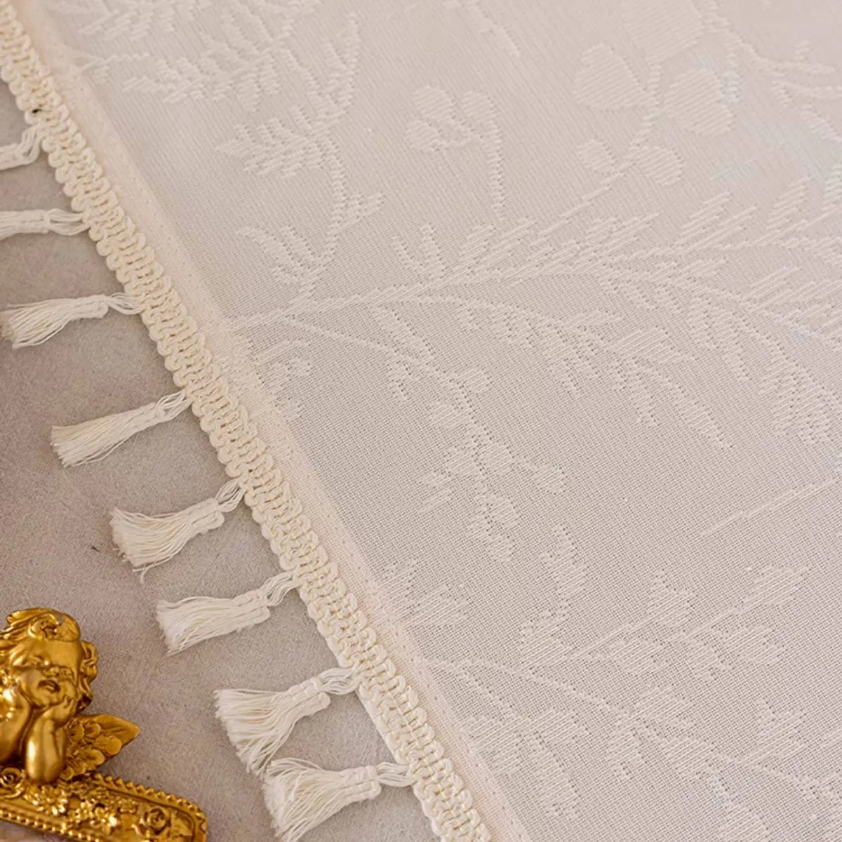 1pcs Cream White Floral Jacquard Sheer Curtain with Tassel Trim, Semi-Transparent Window Curtain for Kitchen & Small Windows thumbnail 3
