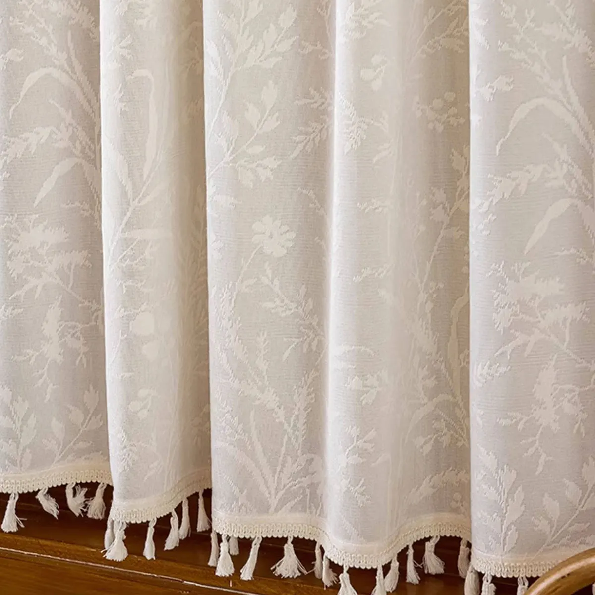 1pcs Cream White Floral Jacquard Sheer Curtain with Tassel Trim, Semi-Transparent Window Curtain for Kitchen & Small Windows thumbnail 2