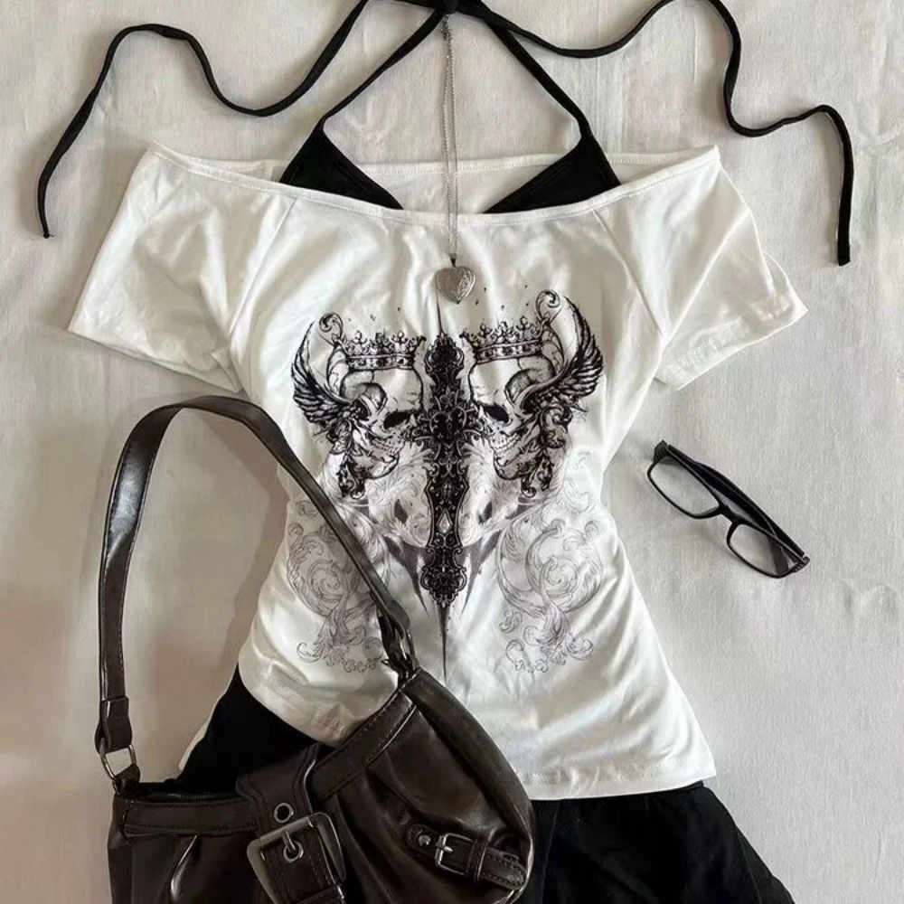 Y2k Slim Fit Print Tops Women Off Shoulder Short Sleeve Tee Shirt Neploe American Vintage Fake Two Piece Halter Lace Up T-shirts thumbnail 2