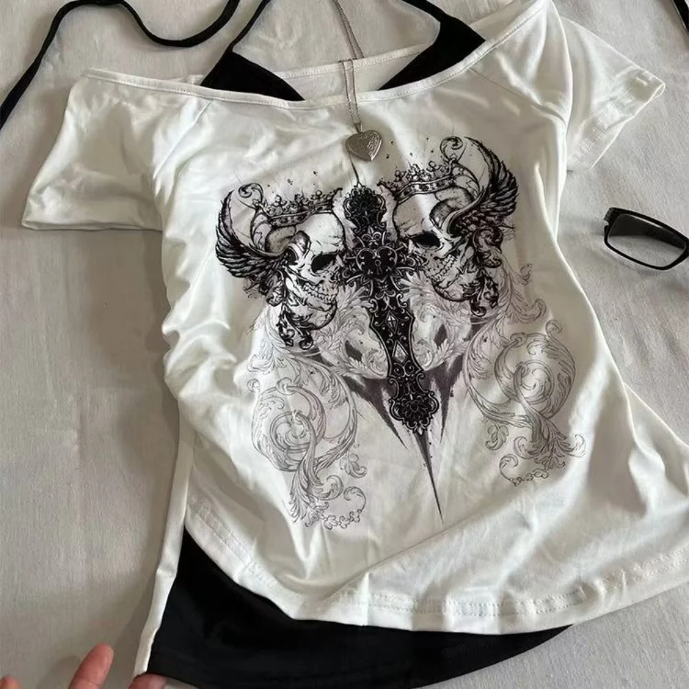 Y2k Slim Fit Print Tops Women Off Shoulder Short Sleeve Tee Shirt Neploe American Vintage Fake Two Piece Halter Lace Up T-shirts thumbnail 3