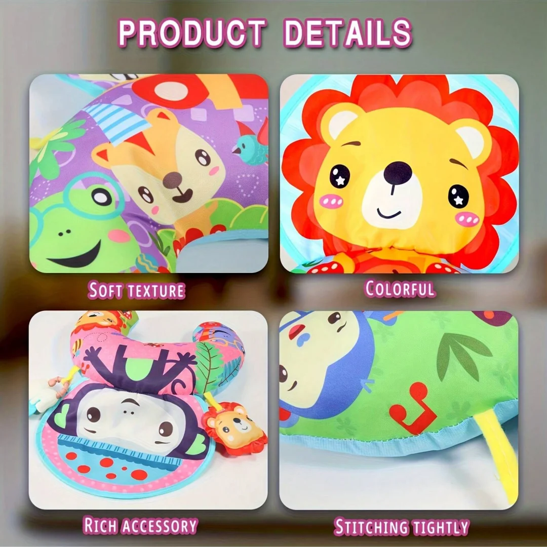 Baby Tummy Time Pillow with Rattle Toys, Multifunctional Crawling Mat Play Gym for Infants, Colorful Cartoon Animals Support Cus thumbnail 3