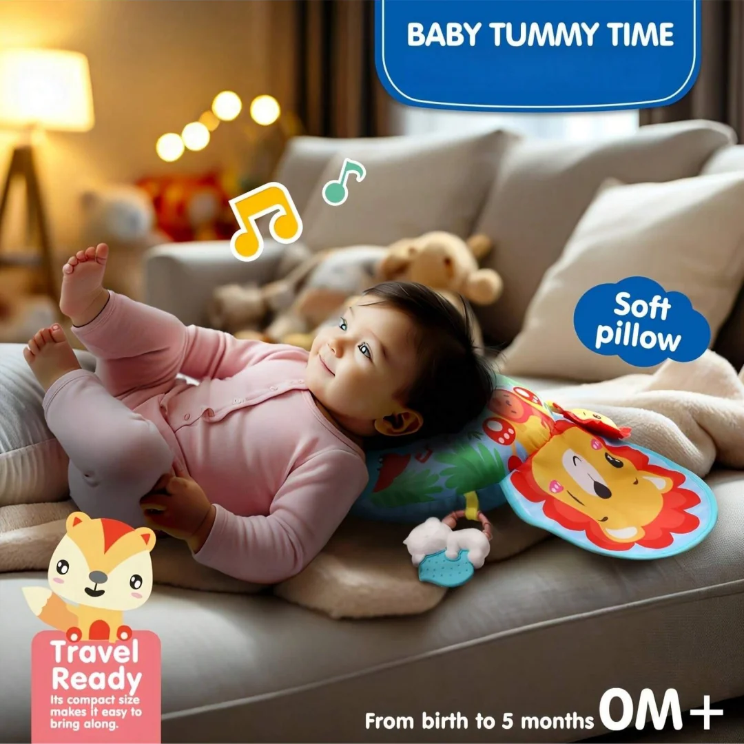 Baby Tummy Time Pillow with Rattle Toys, Multifunctional Crawling Mat Play Gym for Infants, Colorful Cartoon Animals Support Cus thumbnail 2
