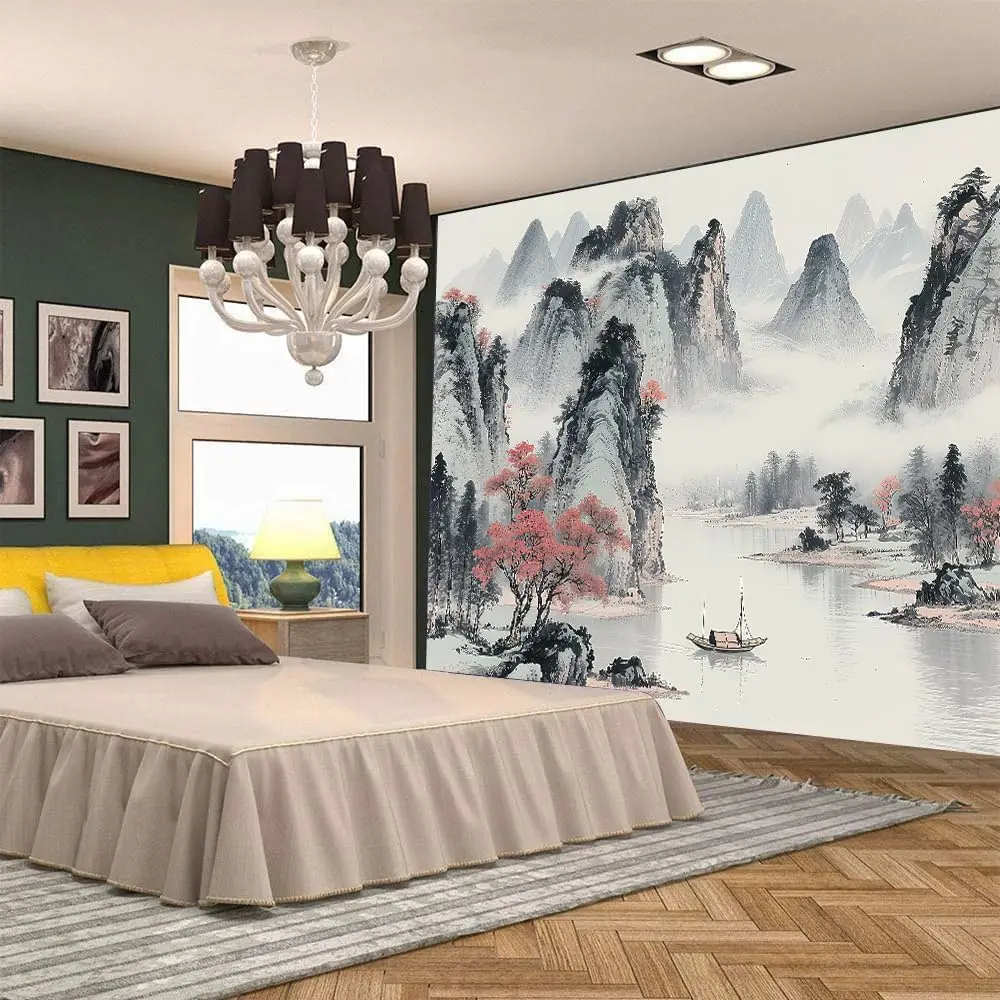 Chinese Ink Landscape Tapestry, Misty Mountains with Red Trees and Boat on Calm River Print Wall Hanging for Home Decor thumbnail 3