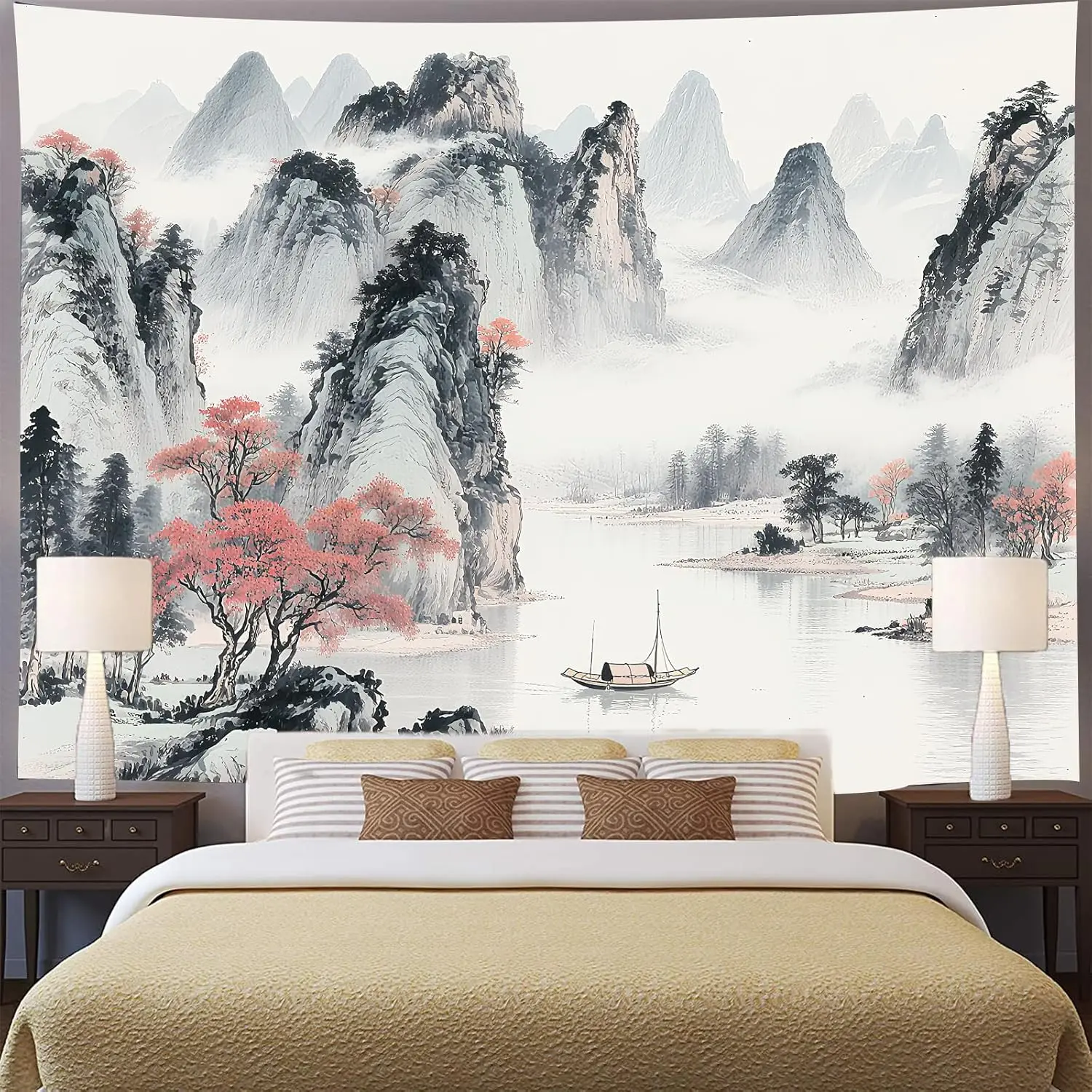 Chinese Ink Landscape Tapestry, Misty Mountains with Red Trees and Boat on Calm River Print Wall Hanging for Home Decor