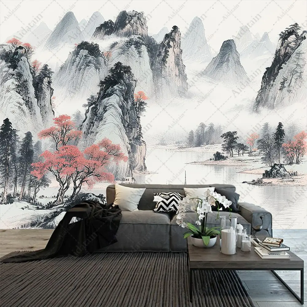 Chinese Ink Landscape Tapestry, Misty Mountains with Red Trees and Boat on Calm River Print Wall Hanging for Home Decor thumbnail 6