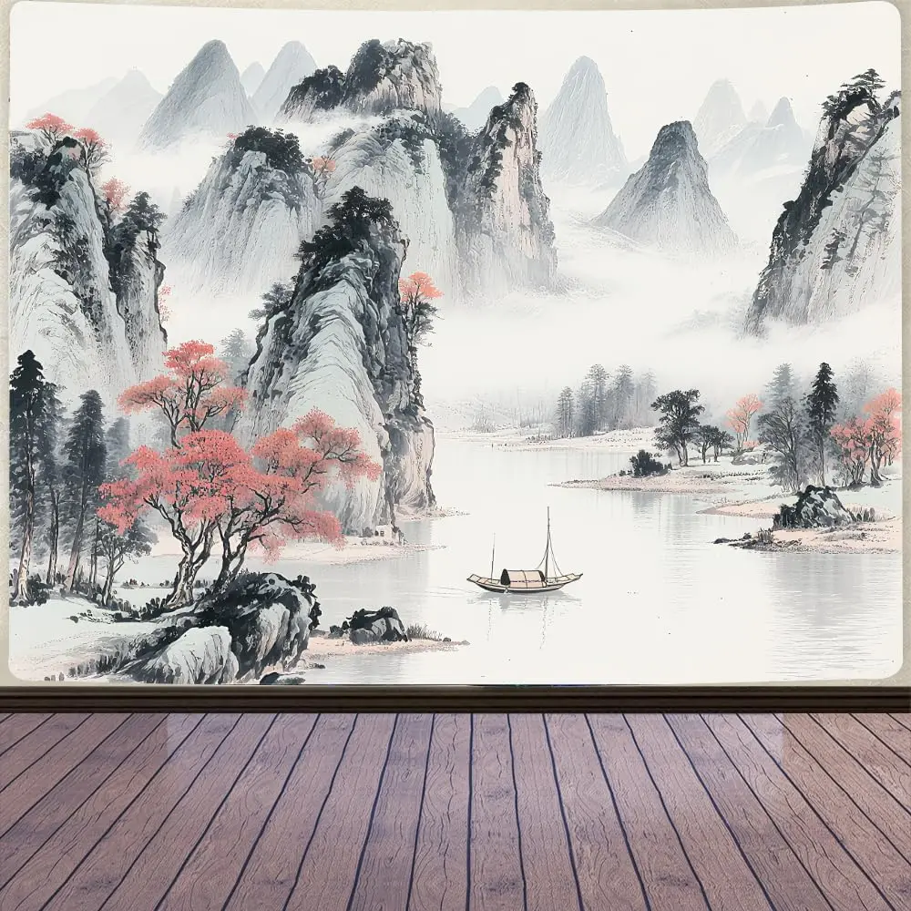 Chinese Ink Landscape Tapestry, Misty Mountains with Red Trees and Boat on Calm River Print Wall Hanging for Home Decor thumbnail 2