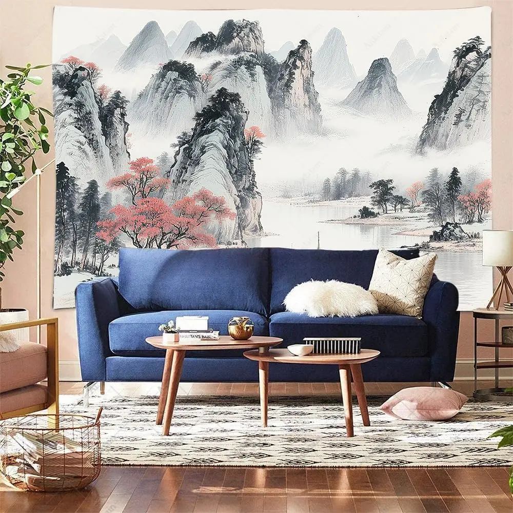 Chinese Ink Landscape Tapestry, Misty Mountains with Red Trees and Boat on Calm River Print Wall Hanging for Home Decor thumbnail 5