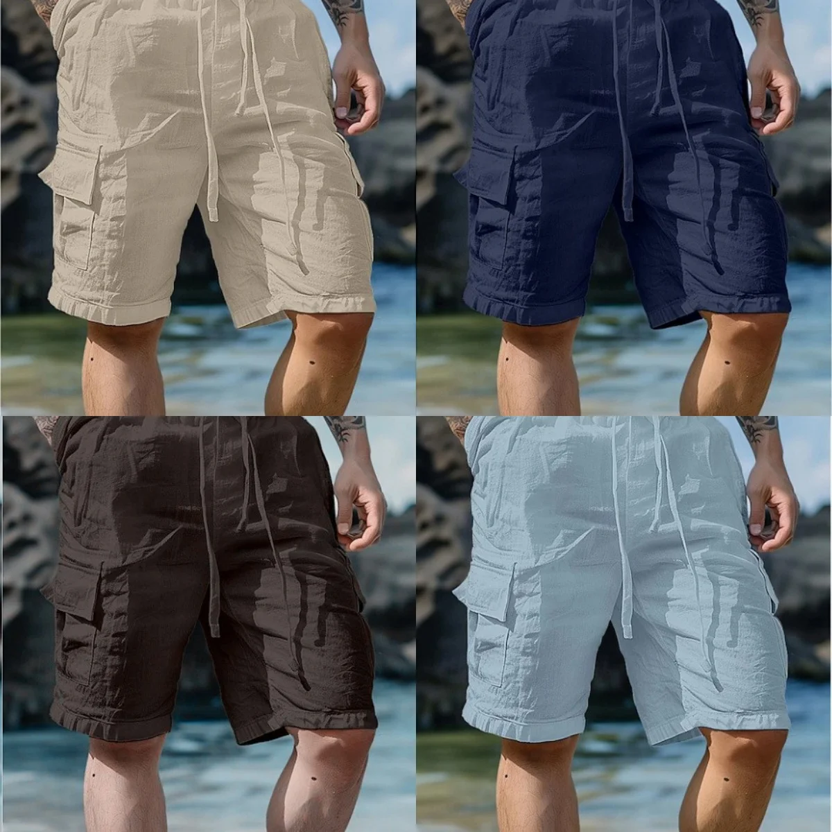 Summer Fashion Loose White Cargo Shorts Men's Handsome Streetwear Beachwear Solid Color with Pockets Shorts Workout Pants 2024