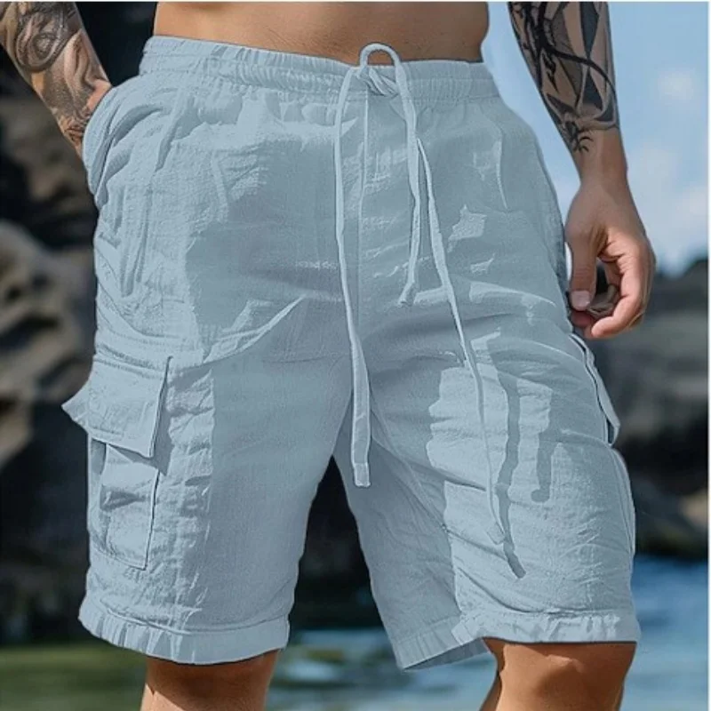 Summer Fashion Loose White Cargo Shorts Men's Handsome Streetwear Beachwear Solid Color with Pockets Shorts Workout Pants 2024 thumbnail 5