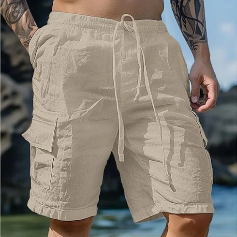 Summer Fashion Loose White Cargo Shorts Men's Handsome Streetwear Beachwear Solid Color with Pockets Shorts Workout Pants 2024 thumbnail 3