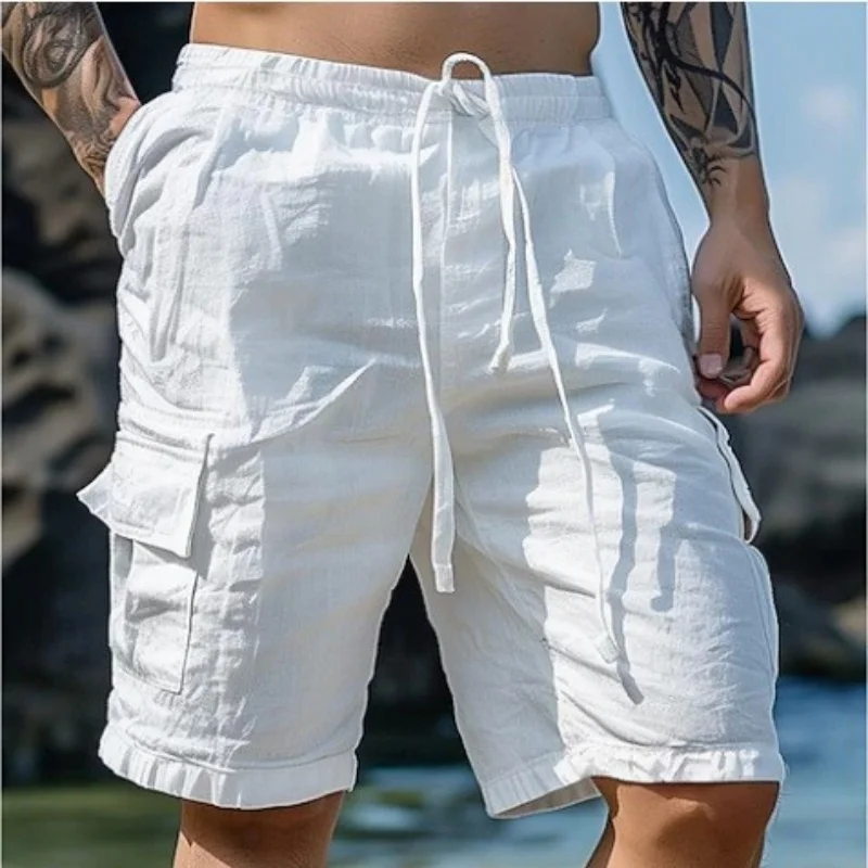 Summer Fashion Loose White Cargo Shorts Men's Handsome Streetwear Beachwear Solid Color with Pockets Shorts Workout Pants 2024 thumbnail 6