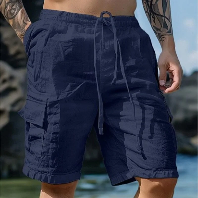 Summer Fashion Loose White Cargo Shorts Men's Handsome Streetwear Beachwear Solid Color with Pockets Shorts Workout Pants 2024 thumbnail 4