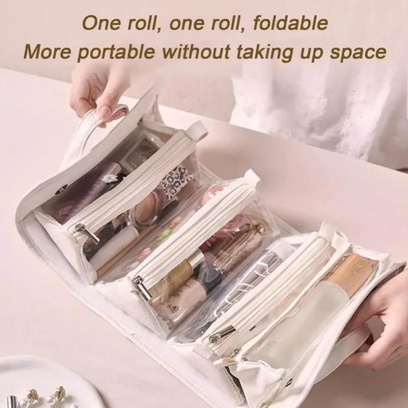 Foldable Leather Travel Cosmetic Bag Large Capacity Portable Women Makeup Case Waterproof Toiletry Makeup Organizer Storage Bag! thumbnail 2
