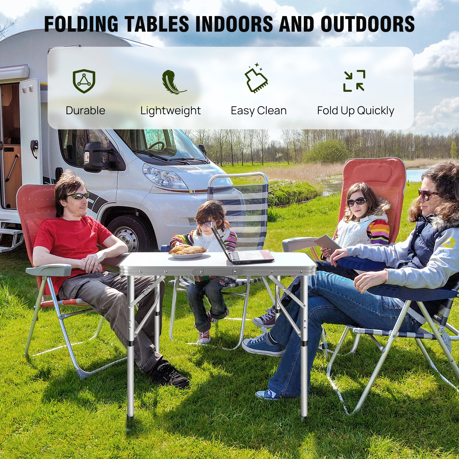 Portable 2.5ft Folding Table, Adjustable Height Aluminum Camping Desk w/Handle, 75x55cm Picnic Table for Beach Party Outdoor thumbnail 5