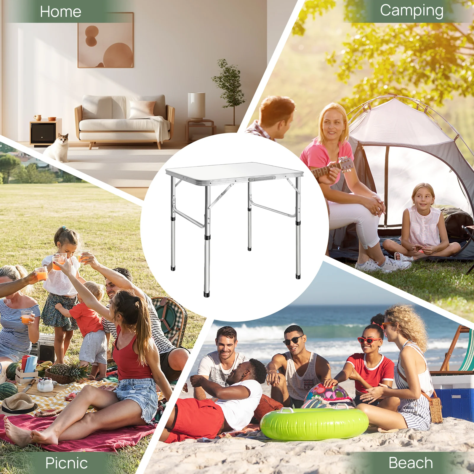 Portable 2.5ft Folding Table, Adjustable Height Aluminum Camping Desk w/Handle, 75x55cm Picnic Table for Beach Party Outdoor thumbnail 6