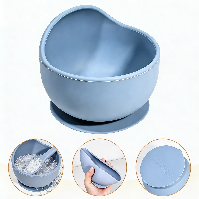 BPA Free Silicone Baby Feeding Bowl Set Solid Color Waterproof Kids Feeding Bowl with Training Spoon Fork Infant Tableware Set thumbnail 3