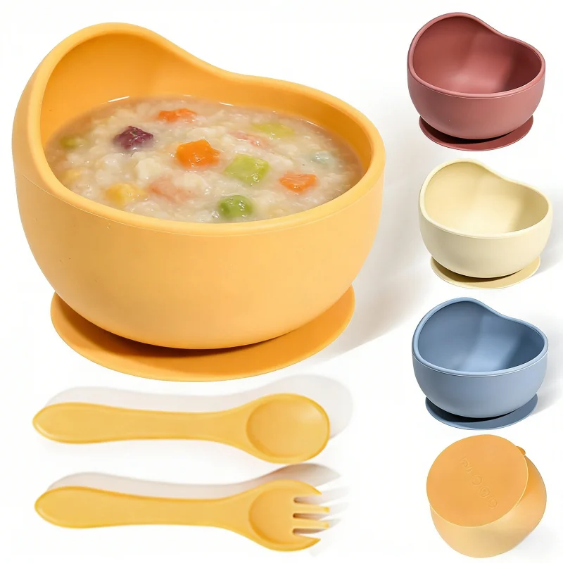 BPA Free Silicone Baby Feeding Bowl Set Solid Color Waterproof Kids Feeding Bowl with Training Spoon Fork Infant Tableware Set