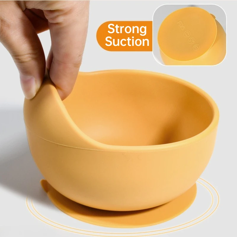 BPA Free Silicone Baby Feeding Bowl Set Solid Color Waterproof Kids Feeding Bowl with Training Spoon Fork Infant Tableware Set thumbnail 4