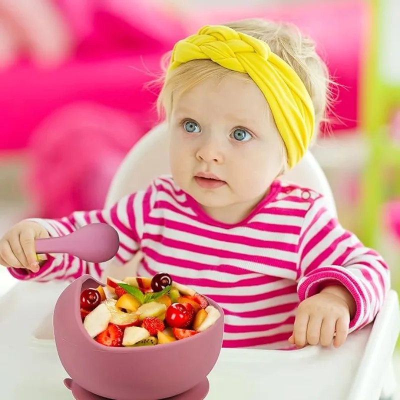 BPA Free Silicone Baby Feeding Bowl Set Solid Color Waterproof Kids Feeding Bowl with Training Spoon Fork Infant Tableware Set thumbnail 5