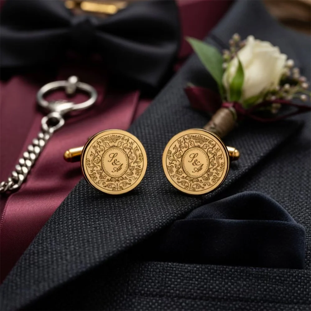 Customized Wedding First Letter Date Cufflinks With Engraved First Letter Stainless Steel Cufflinks For Groom's Wedding Jewelry