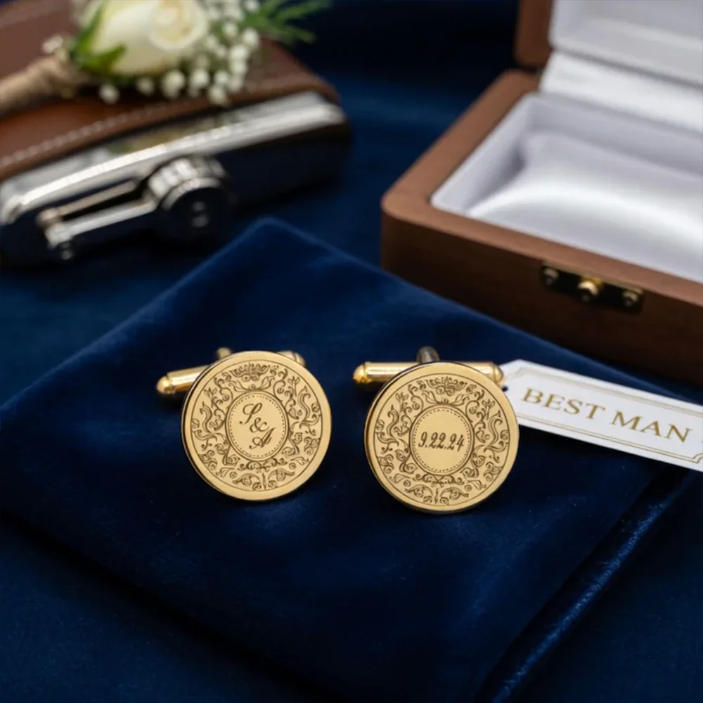 Customized Wedding First Letter Date Cufflinks With Engraved First Letter Stainless Steel Cufflinks For Groom's Wedding Jewelry thumbnail 2
