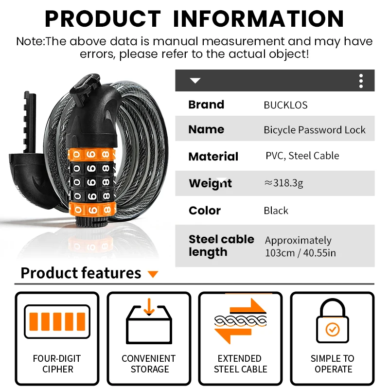BUCKLOS 5 Digit Bicycle Cable Lock Anti-theft Bike Password Lock Steel Cable Motorcycles Locks 1.2M Zinc Alloy E-Bike Locks thumbnail 2
