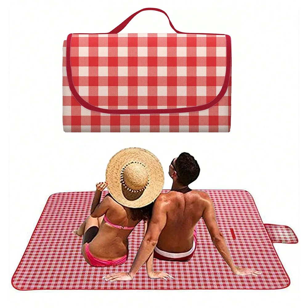 Picnic Blanket Beach Mat Washable Lightweight with Handle Red Checkered for Hiking Travelling Outdoor Camping Parks