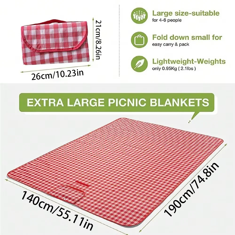 Picnic Blanket Beach Mat Washable Lightweight with Handle Red Checkered for Hiking Travelling Outdoor Camping Parks thumbnail 2