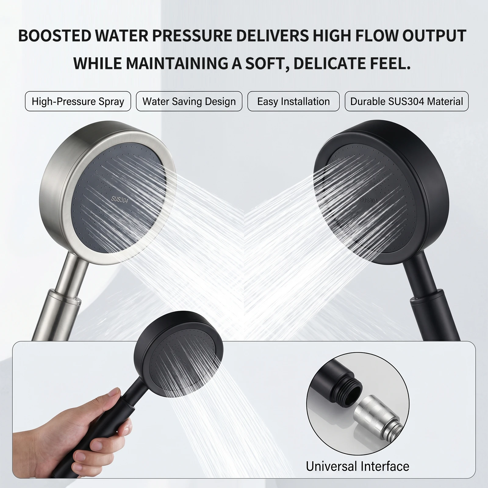 Stainless Steel High Pressure Shower Head, Matte Black/Silver Handheld Booster Sprayer with G1/2 Universal Connection thumbnail 2