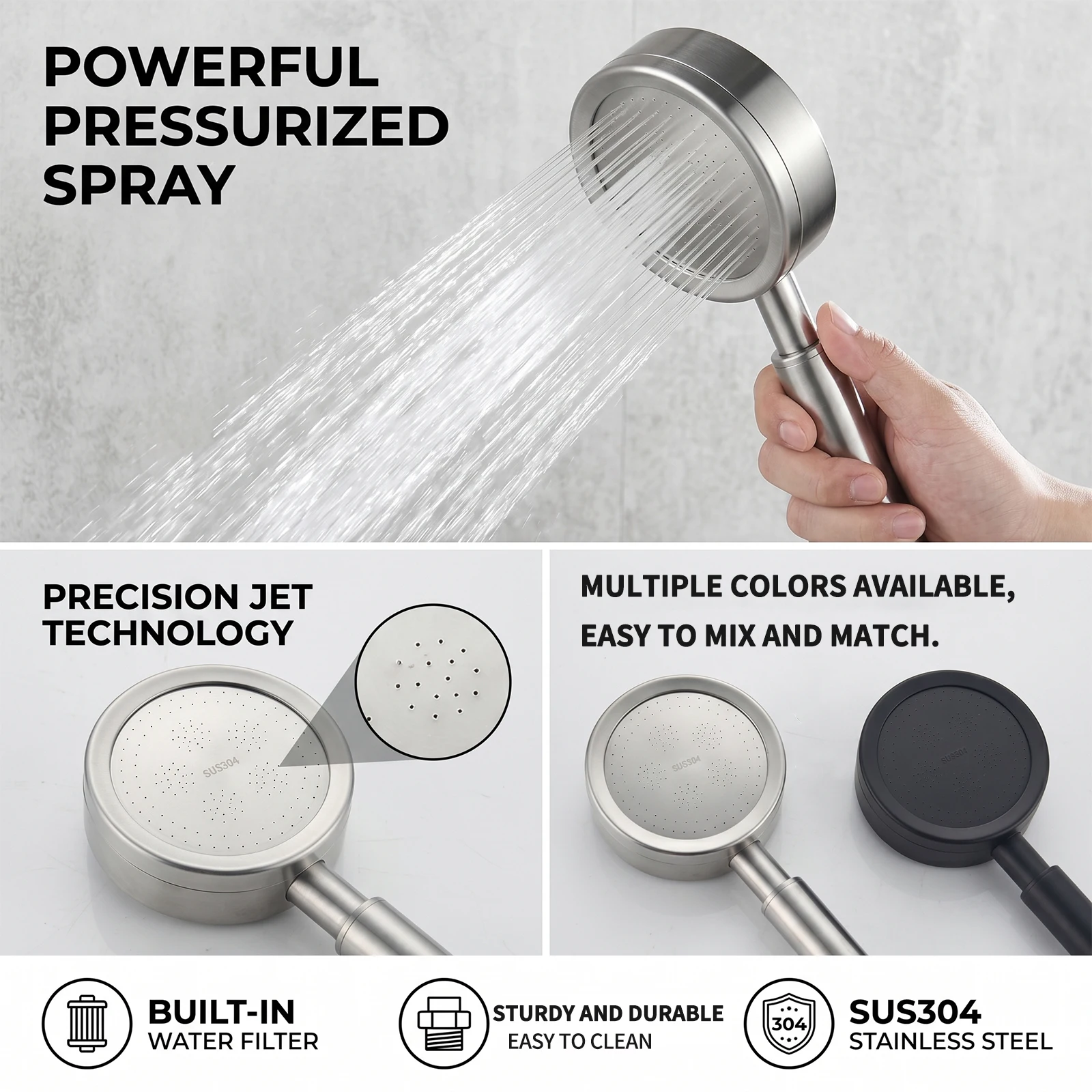 Stainless Steel High Pressure Shower Head, Matte Black/Silver Handheld Booster Sprayer with G1/2 Universal Connection thumbnail 3