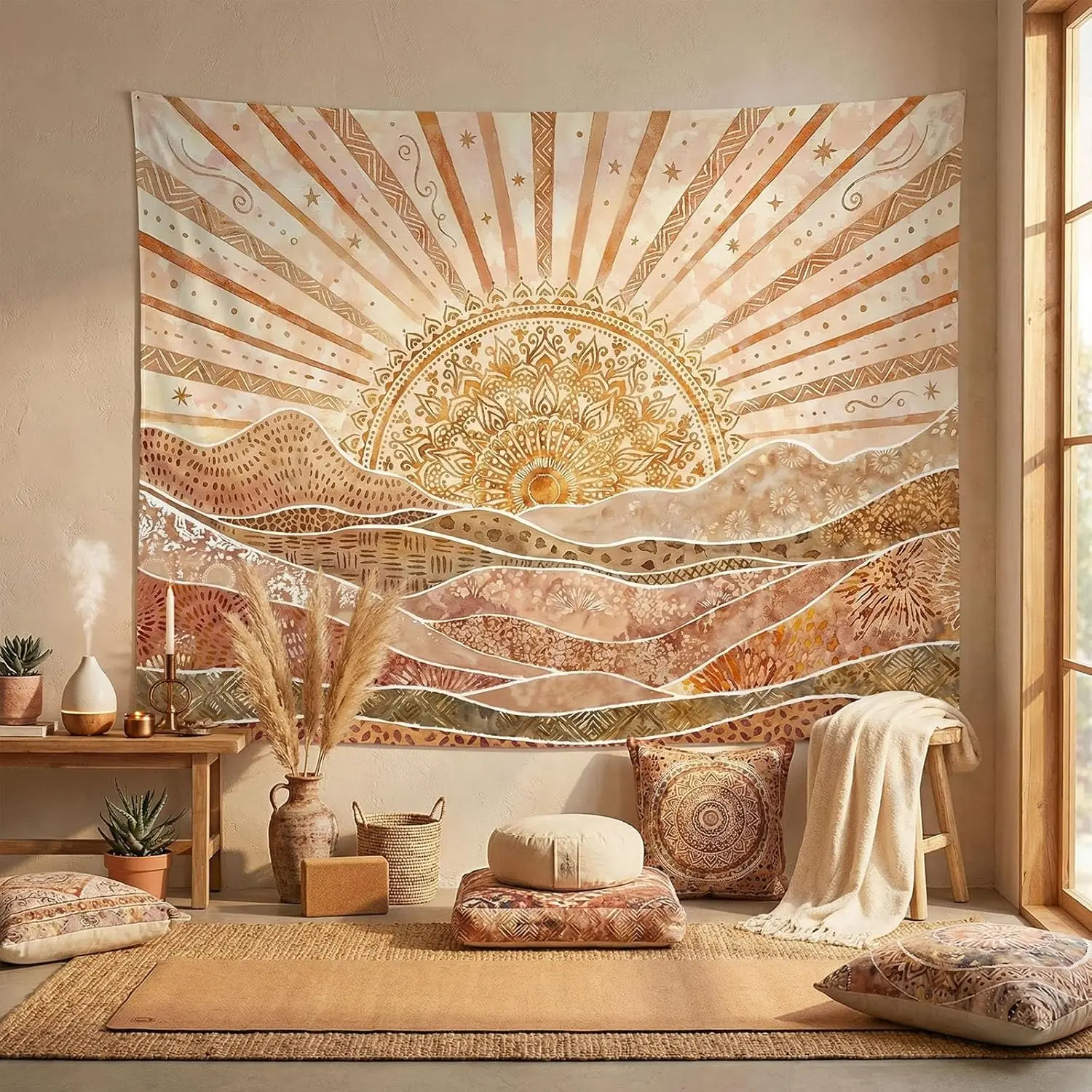 Calming Bohemian Tapestry, Warm Earthy Sun and Abstract Mountains with Tribal Patterns Print Wall Hanging for Cozy and Relaxing thumbnail 3