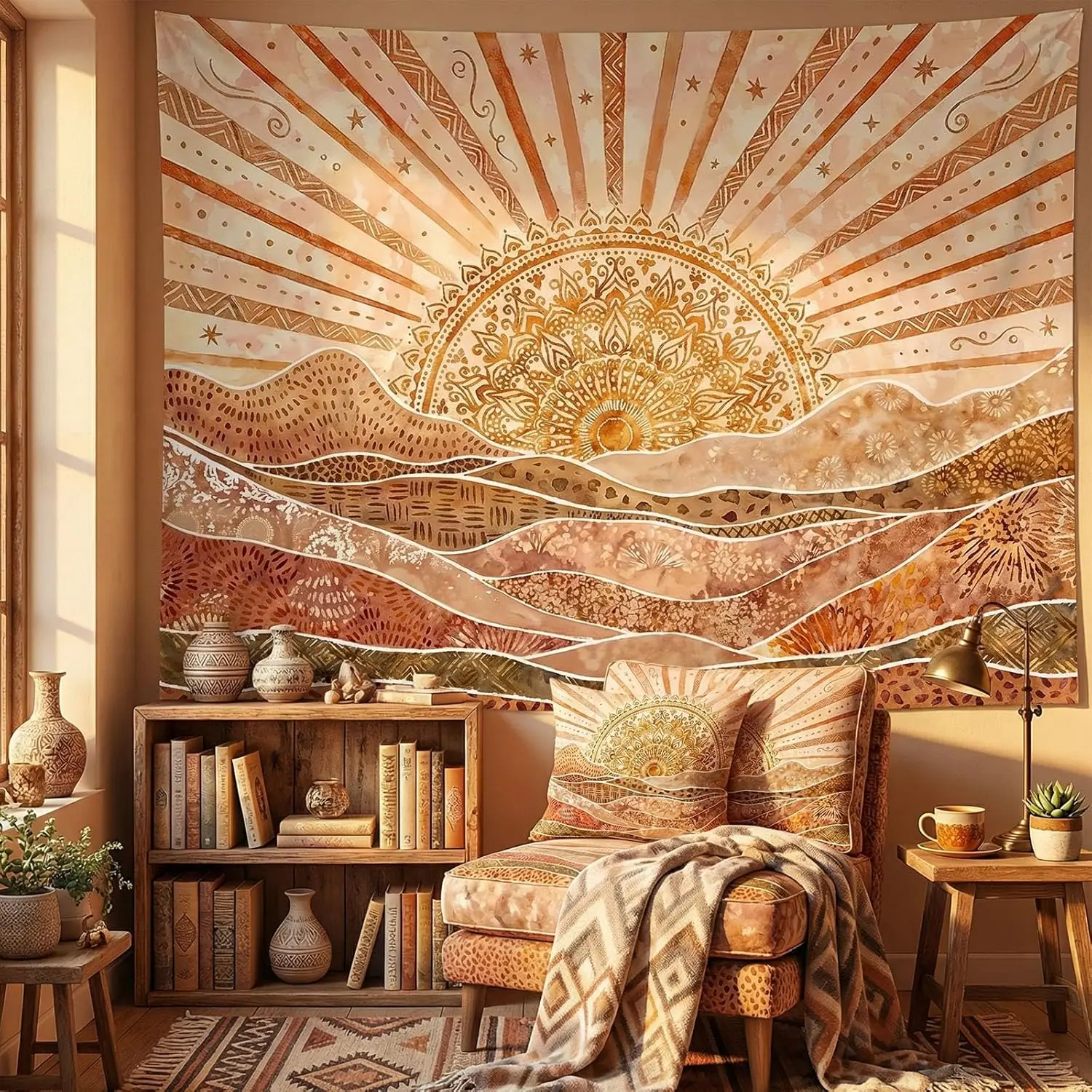 Calming Bohemian Tapestry, Warm Earthy Sun and Abstract Mountains with Tribal Patterns Print Wall Hanging for Cozy and Relaxing thumbnail 6
