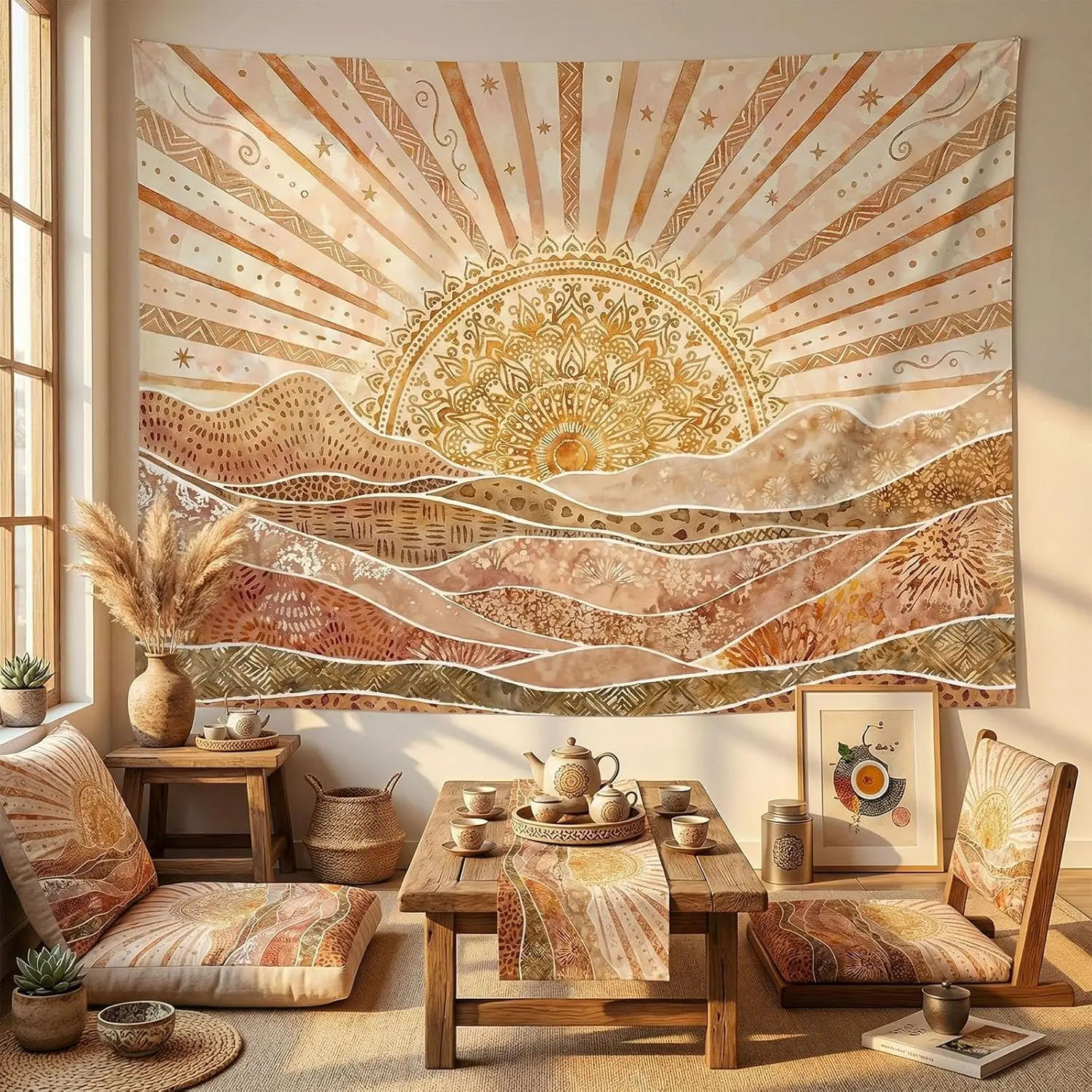 Calming Bohemian Tapestry, Warm Earthy Sun and Abstract Mountains with Tribal Patterns Print Wall Hanging for Cozy and Relaxing thumbnail 4