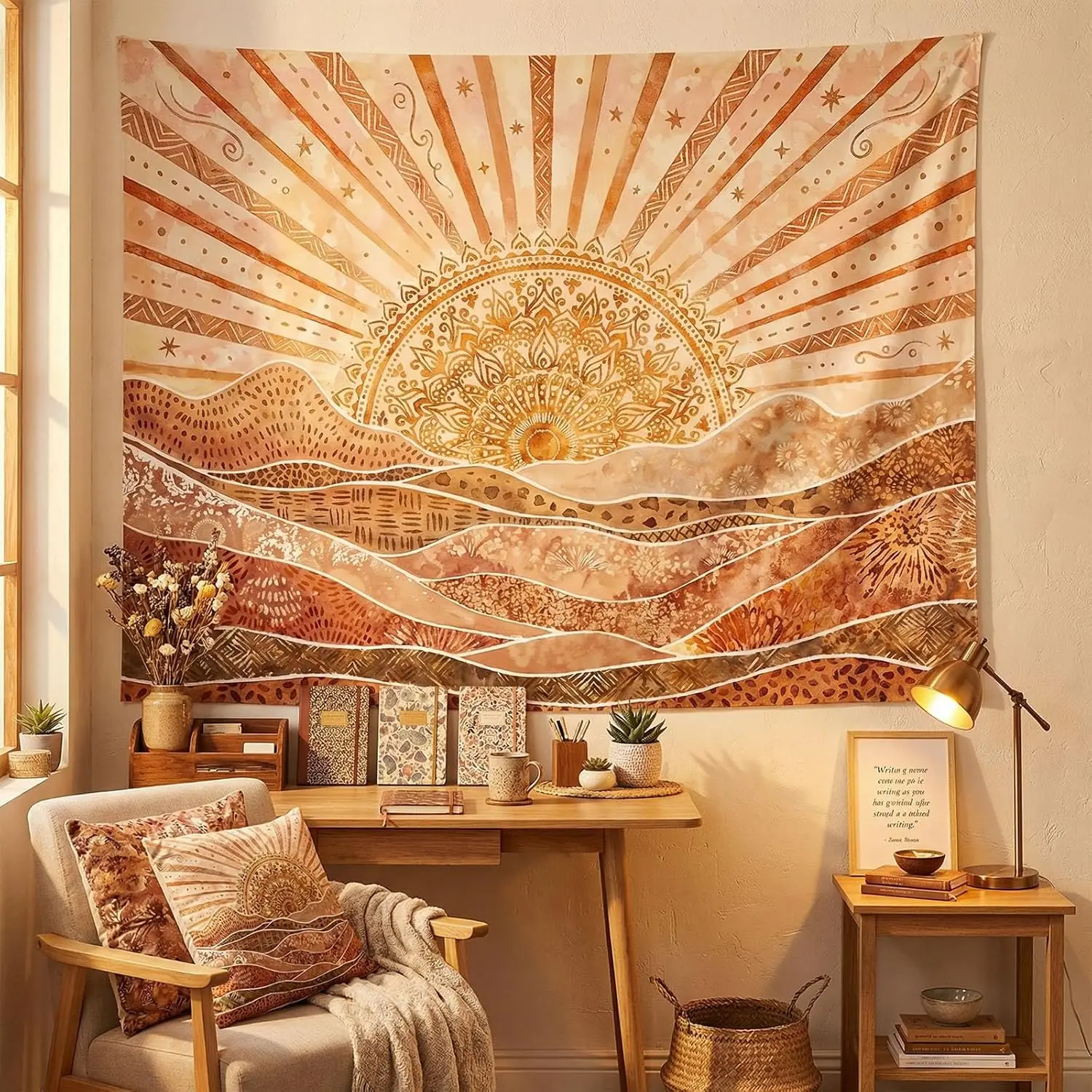 Calming Bohemian Tapestry, Warm Earthy Sun and Abstract Mountains with Tribal Patterns Print Wall Hanging for Cozy and Relaxing thumbnail 2