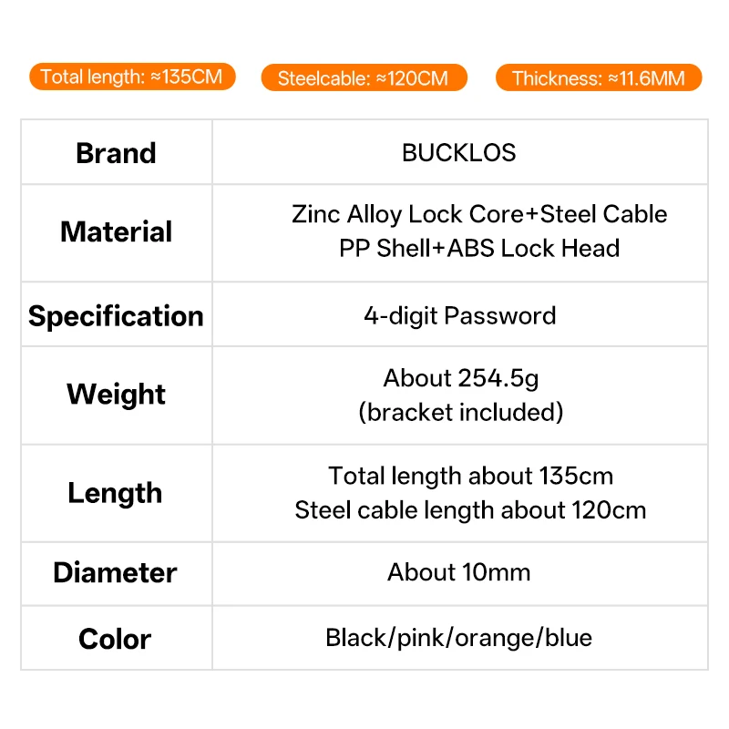 BUCKLOS Anti-theft Bicycle Lock 1.2M Bicycle Password Lock 4 Digit Password for MTB E-Bike Steel Cable Locks Bicycle Accessories thumbnail 4