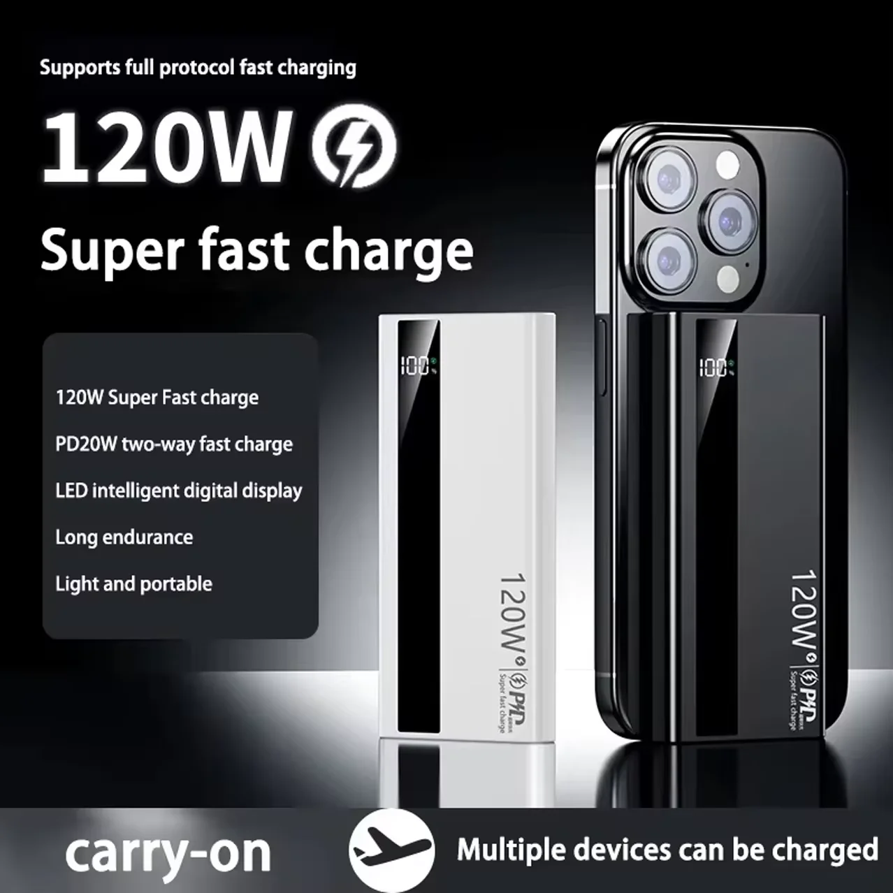 Lenovo 120W 500000mAh High Capacity Power Bank Super Fast Charging Power Bank Portable Battery Charger For iPhone Samsung Xiaomi thumbnail 3