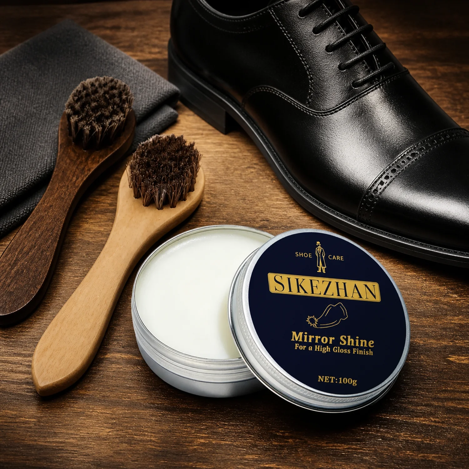 Neutral Shoe Polish Wax Leather Care Paste And Wooden Handle Horsehair Dauber Brush Kit For Boots Cleaning Mirror Shine Finishes
